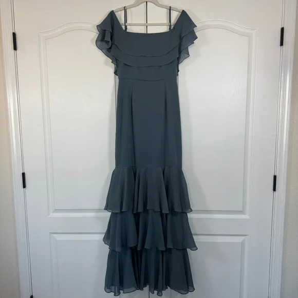 NWT Wayf Lauren Off the Shoulder Maxi Dress Granite Blue Ruffle Gown Size Small - Picture 3 of 12